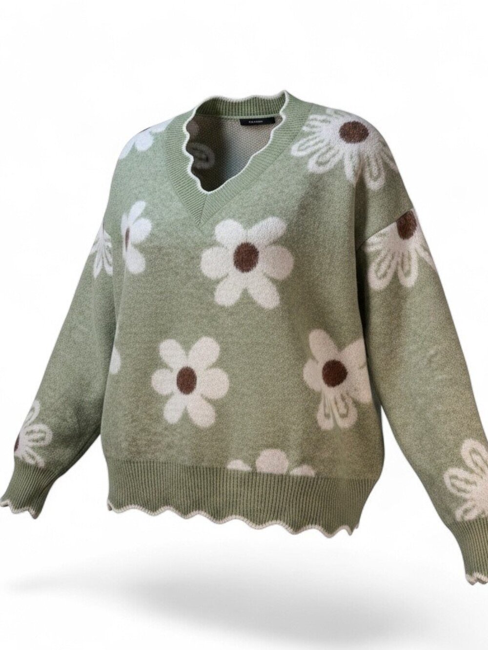 NWT Pink Queen Sage Green Daisy Fuzzy Sweater Scallop Trim Small